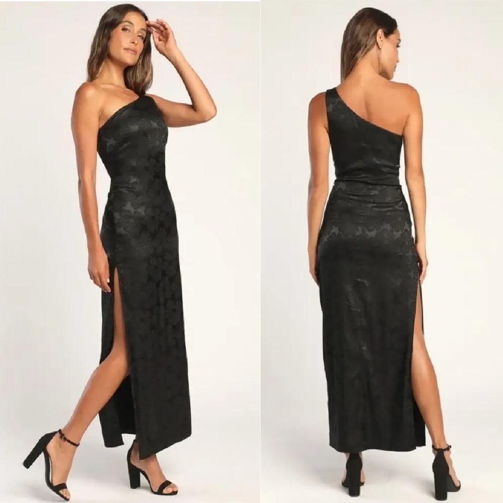 Lulus Chasing Desire Black Satin Jacquard One-Shoulder Maxi Dress
